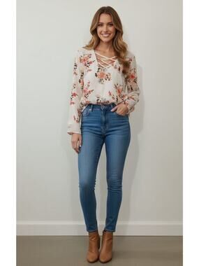 Rue21 Women's Top Blouse Long Sleeve Ivory Floral Print Bohemian Size XS